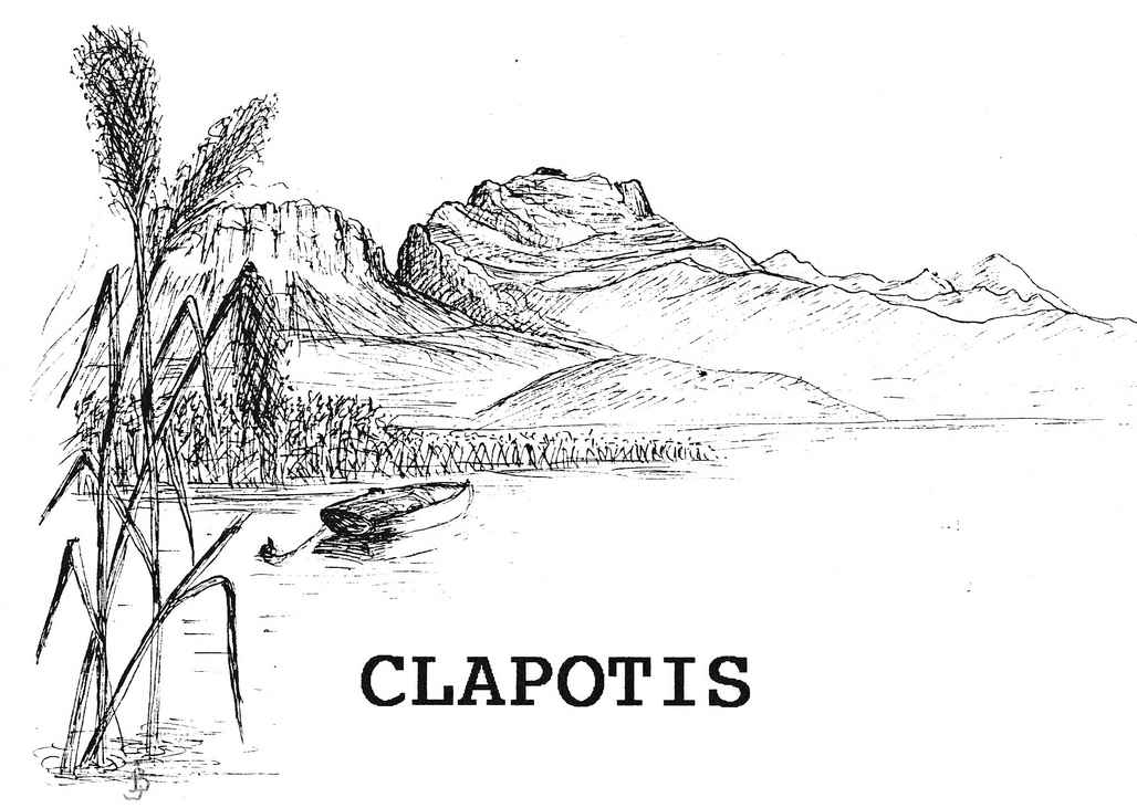 Dessin de Janine Bouchut : roseaux, lac et montagnes