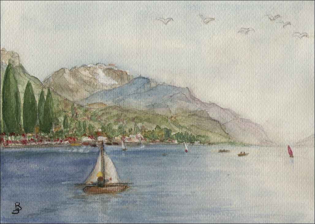 Aquarelle de Janine Bouchut : Lac d'Annecy et voilier