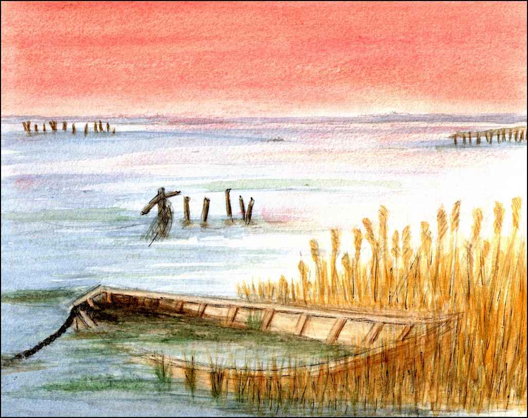 Aquarelle de Janine Bouchut : barque engloutie dans le lac