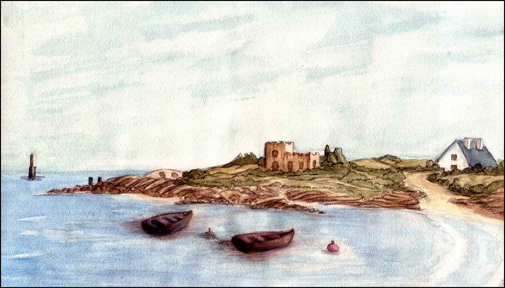 Aquarelle de Janine Bouchut : barques et maisons en Bretagne