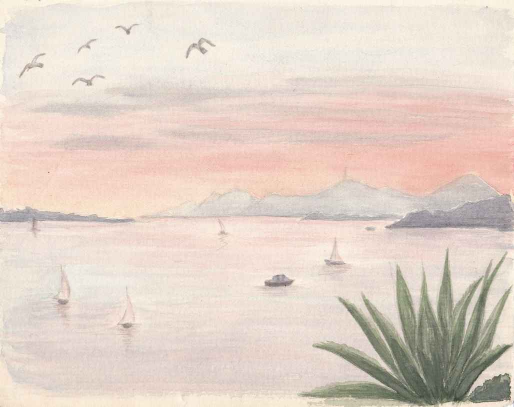 Aquarelle de Janine Bouchut : coucher de soleil sur la mer