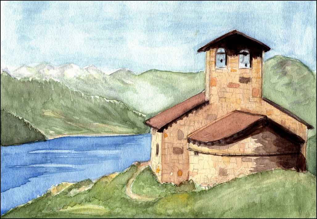 Aquarelle de Janine Bouchut : lac et chapelle en montagne