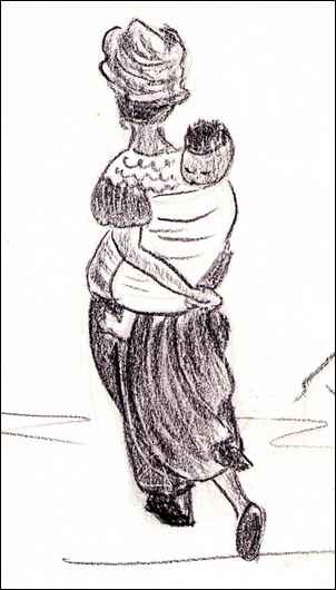 Dessin de Janine Bouchut : femme qui marche, avec bébé