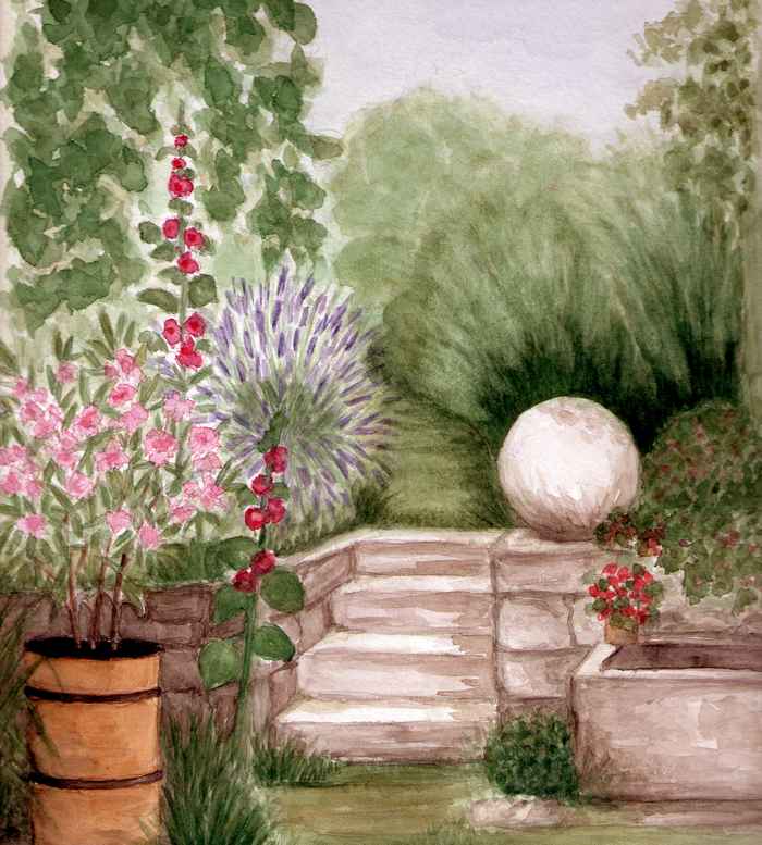 Aquarelle de Janine Bouchut : jardin en Provence