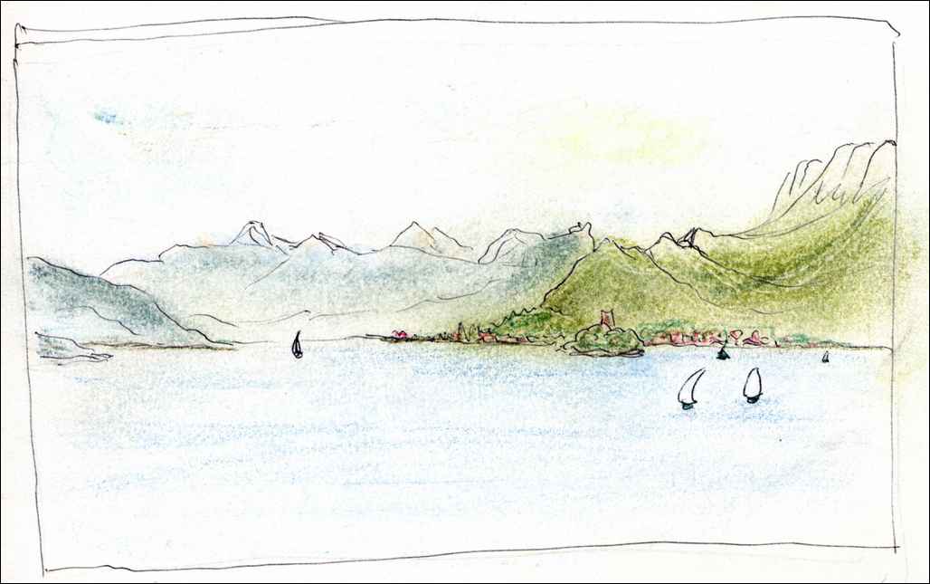 Aquarelle de Janine Bouchut : le lac d'Annecy