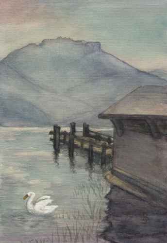 Aquarelle de Janine Bouchut : le ponton à Sévrier